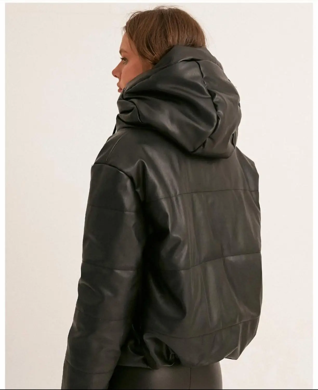 

Women's Coat Jacket Winter Za Fashion Coat Casual Loose Hooded Collar Zipper Pocket Faux Lather Black Cotton Elegant Turkey