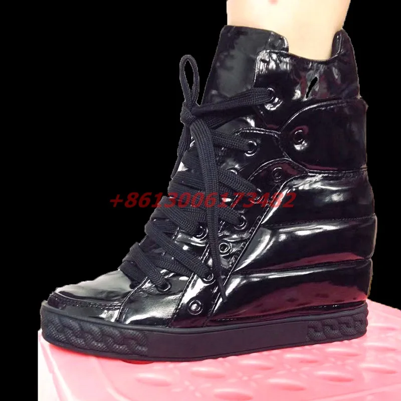 

fashion design woman black leather inner wedge heel lace up sneakers lady high top wedge heel inside lace up ankle sneakers