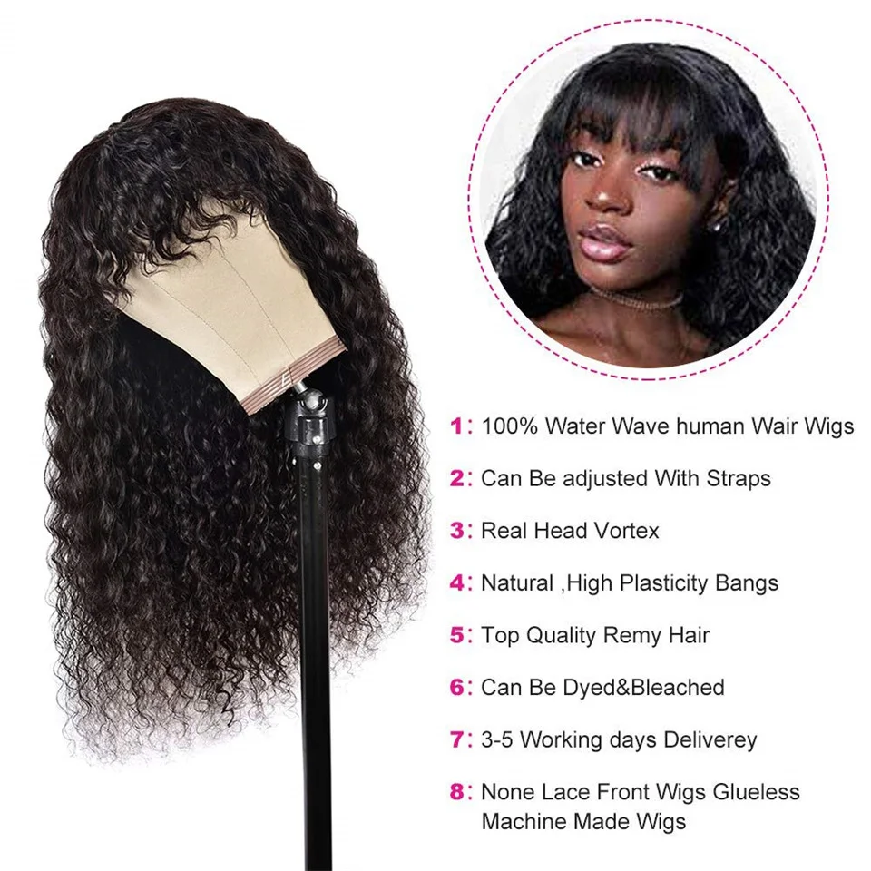 Deep Wave Wig Brazilian Human Hair Wigs With Bangs Full Machine Made Wig For Black Women 14-30 Inch Glueless Fringe Wigs