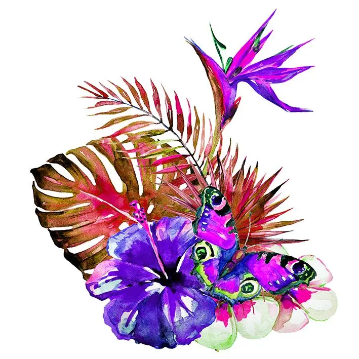 

Curtain Tropical Palm Leaves and Flowers Classic Watercolor Style Nature Artwork Purple