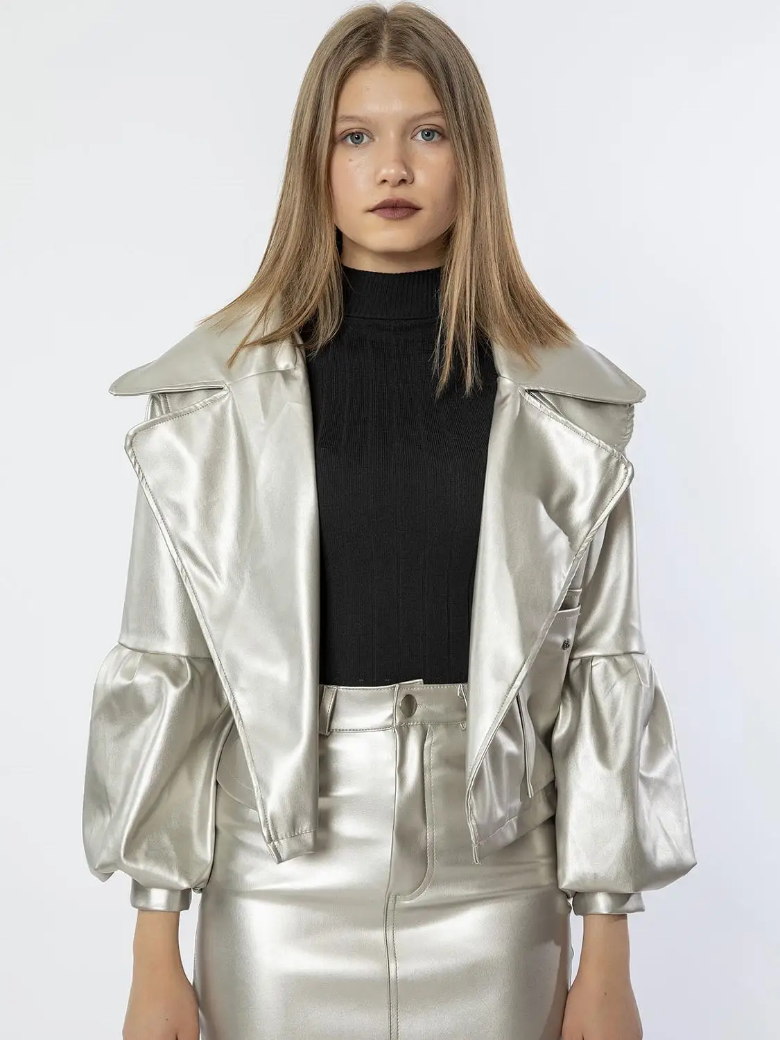 Womens Leather Jacket Long Sleeve Balloon Detail Autumn Winter Coat Pocket