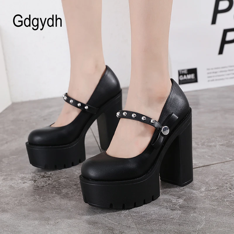 

Gdgydh Black Block High Heels Mary Janes Shoes Platform Ankle Strap Party Dress Vegan Faux Leather Punk Goth Shoes Big Size