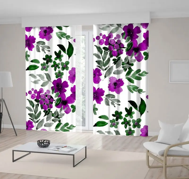 

Curtain Ditsy Flower Branches Leaves with Summer Meadow Wildflower Pattern Printed Purple Green