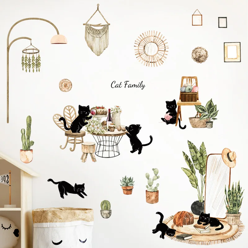 

Nordic Plant Cat Living Room Sofa TV Background Decoration Wardrobe Door Decoration Wall Sticker
