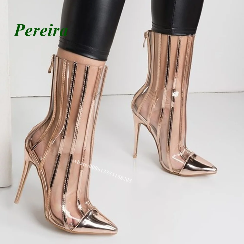 Sandalias de tacón de aguja con cremallera en la espalda para mujer, zapatos de tacón alto a rayas doradas transparentes de Pvc, de media pantorrilla, para verano, 2022