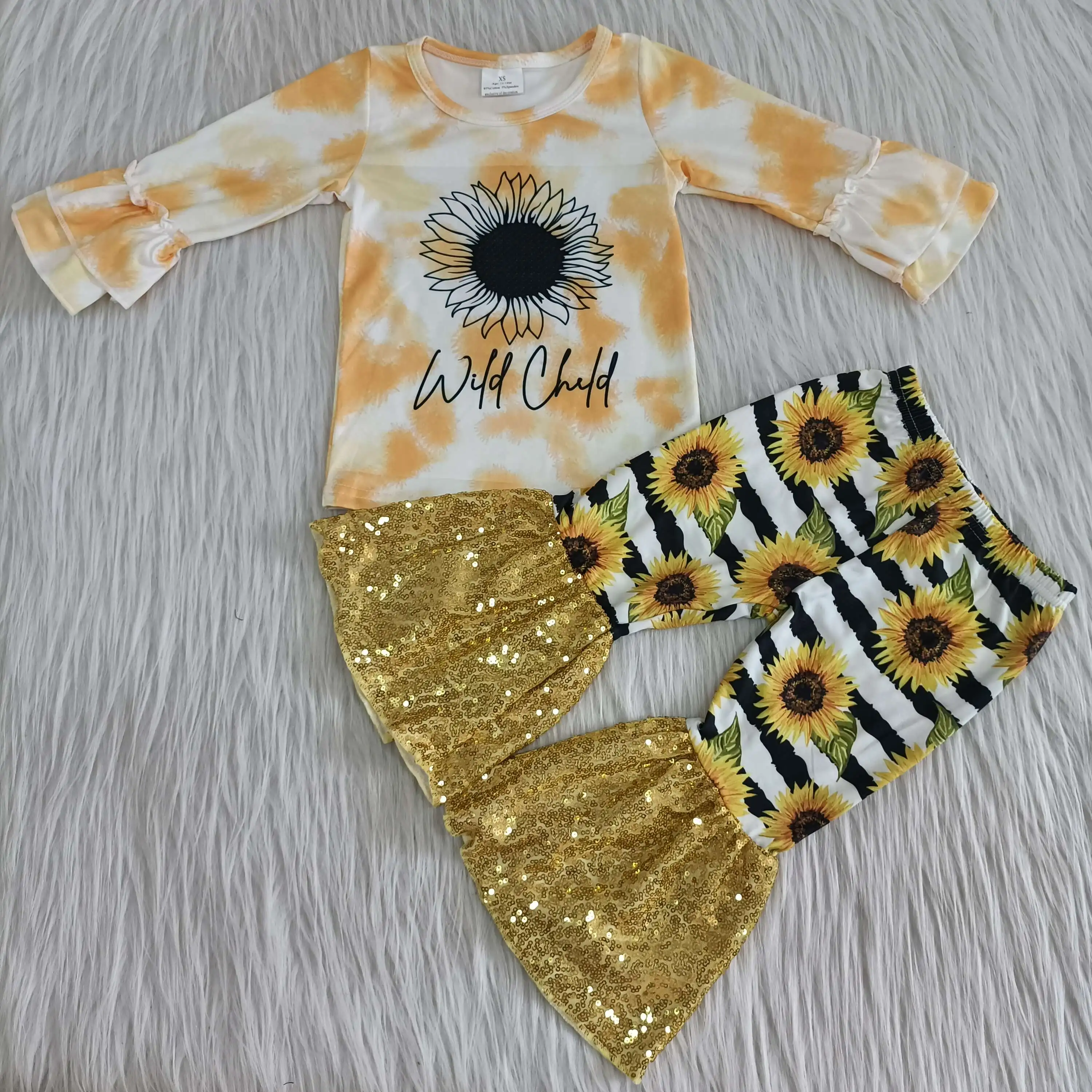 

Hot Sale Kids Girls Clothes Long Sleeve Yellow Sunflower Top Sequins Flared Pants Children Fashion Style 2pcs Girl Clothing Sets