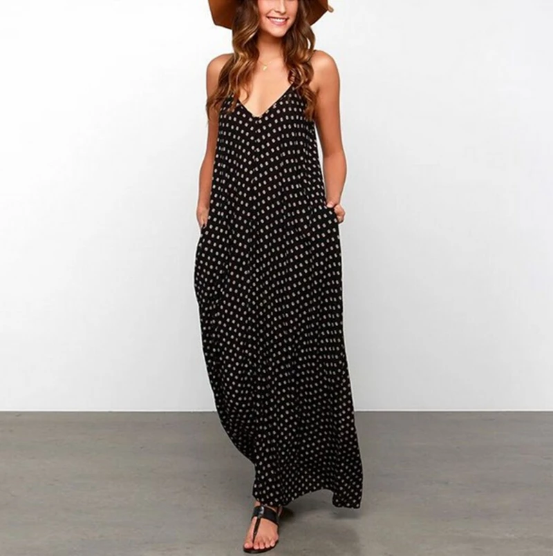 

Polka Dot Summer Oversize Women Dress Spaghetti Strap V Neck Sleeveless Boho Maxi Clothes Vestidos Plus Size
