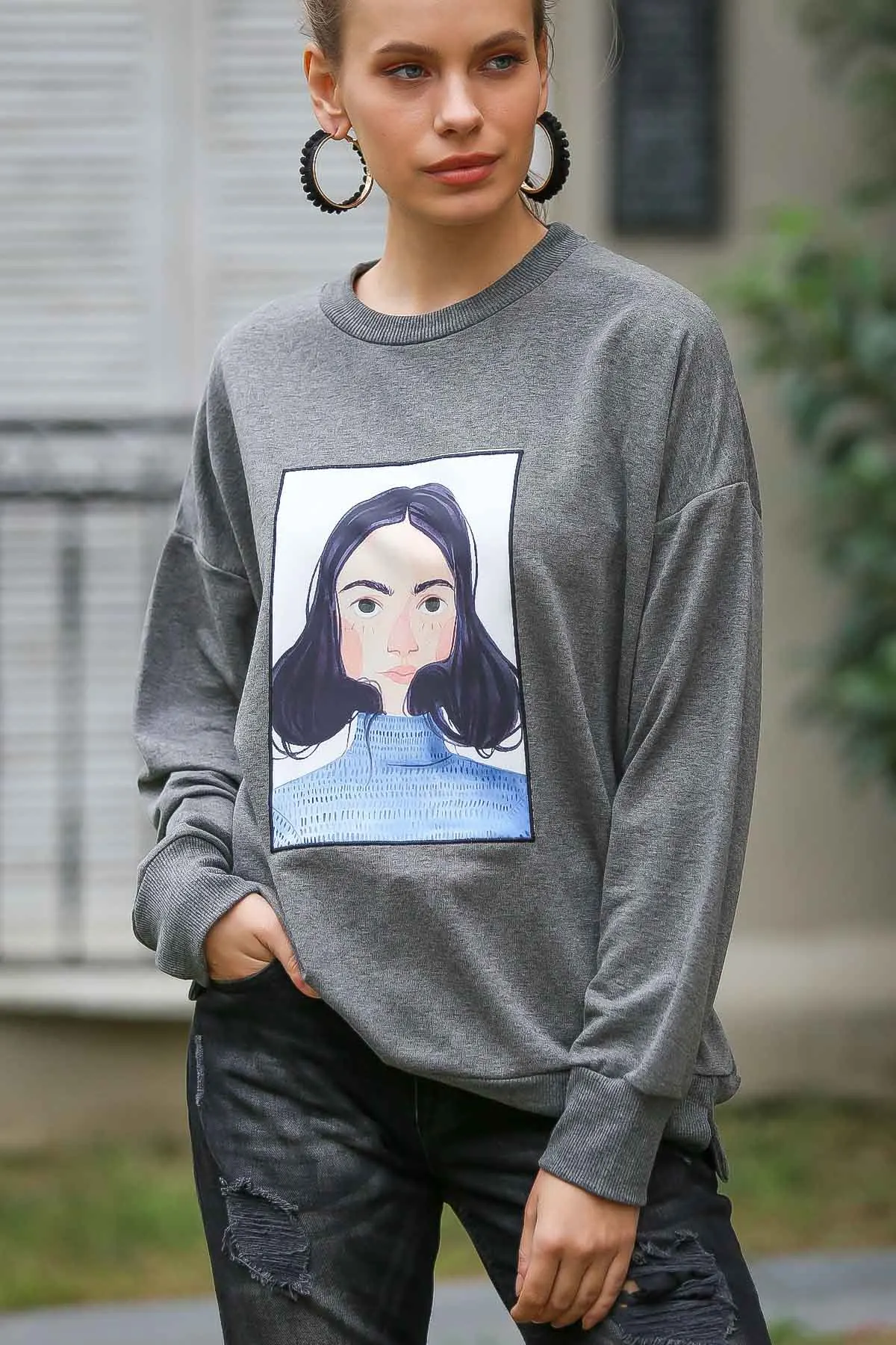 Синий свитер Женщины аппликации оверсайз пот | Женская одежда