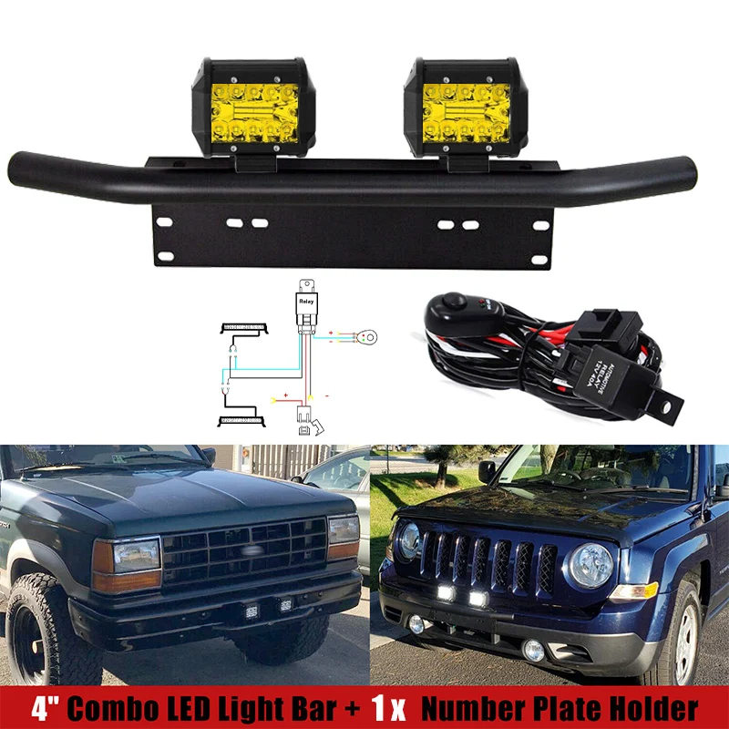 

Universal Car Front License Plate Bull Bar Bumper Mount Bracket Yellow LED Work Light Fog Lamp Holder Offroad Truck Trailer