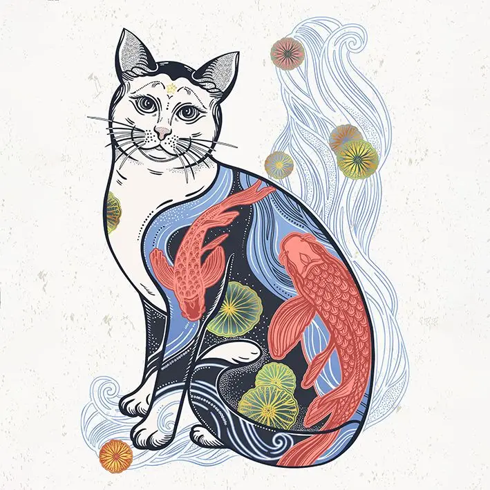 Занавеска Happy Japanese Cat Festivale традиционное искусство с цветами и символом рыбы