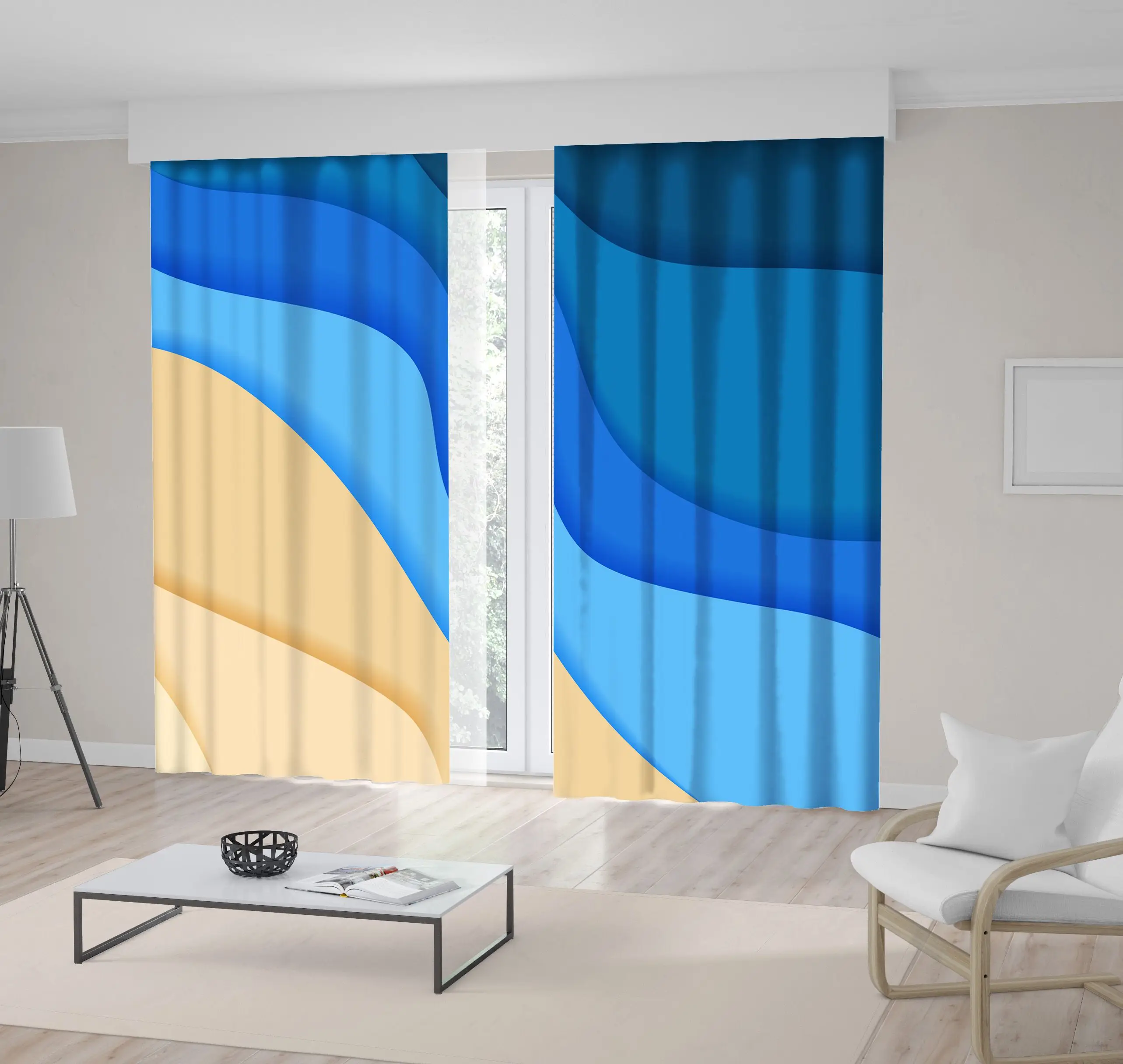 

Curtain Sea Waves and Seacoast Summer Abstract Beach Nature Decorative Illustration Printed Beige Blue
