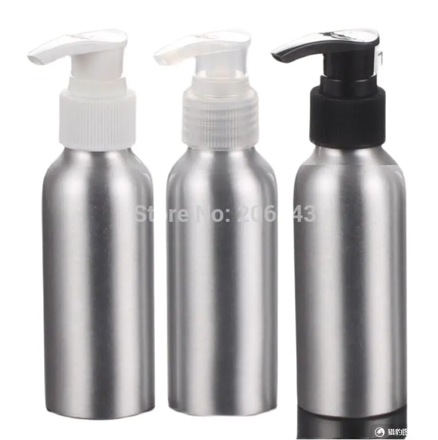 100pcs 100ml Aluminium bottle metal bottle with white /black/ transparent lotion press pump