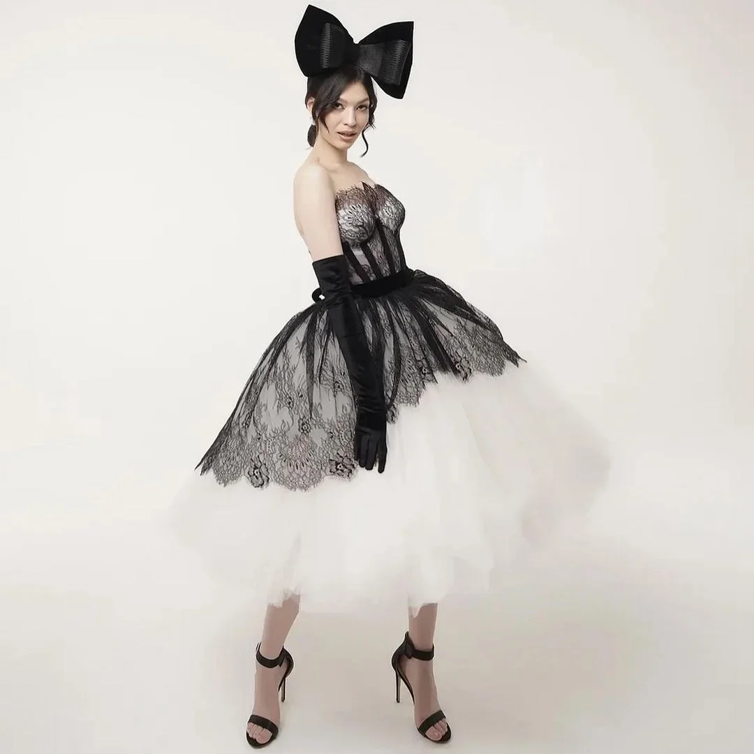 

Sexy Prom Dress Strapless See-Through Black Lace Dress Puffy Tulle Tea Length Elegant Evening Dresses Elegant Wedding Dresses
