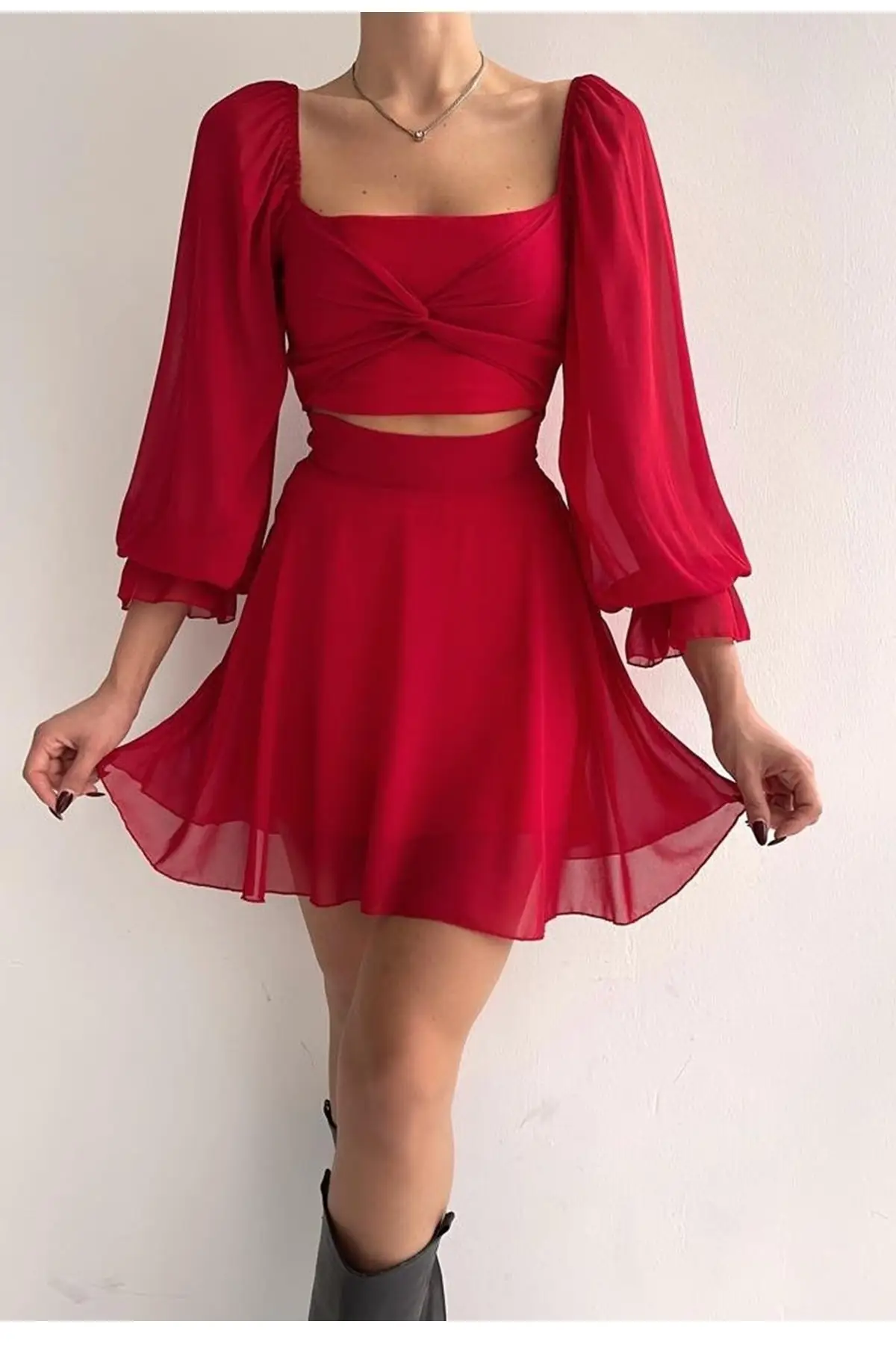 

Chiffon Fabric One Piece Short Red Evening Dress With Skirt And Top View Lined
