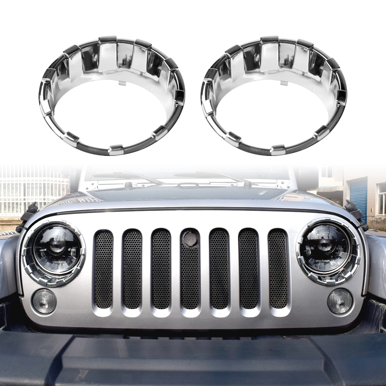 

Front Chrome Silver Headlight Bezels Cover Trim For 07-18 Jeep Wrangler JK