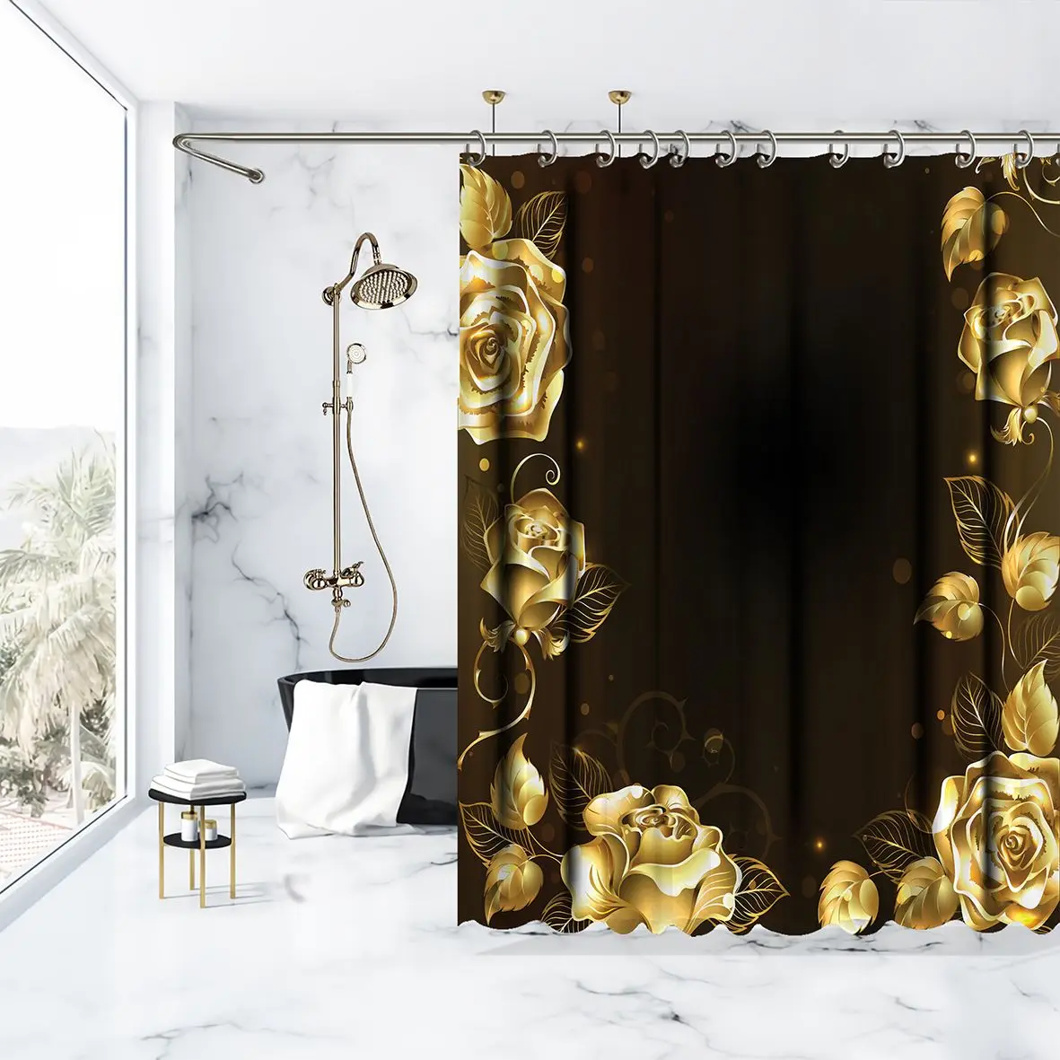 Занавеска для душа золотые розы на темном фоне цветочный букет классический