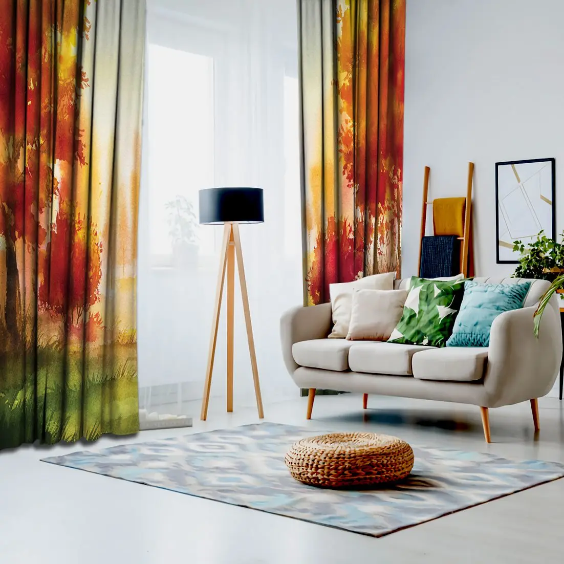 Занавеска осенний пейзаж с деревьями трава Восход вид Акварельная иллюстрация