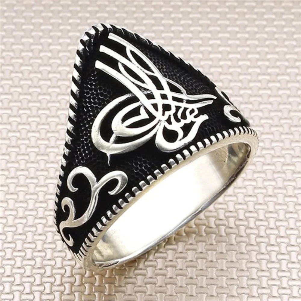 

Мужское кольцо из серебра 925 пробы с гравировкой Tugra, окисленное серебряное кольцо с оттоманским дизайном, кольцо для большого пальца ручной...