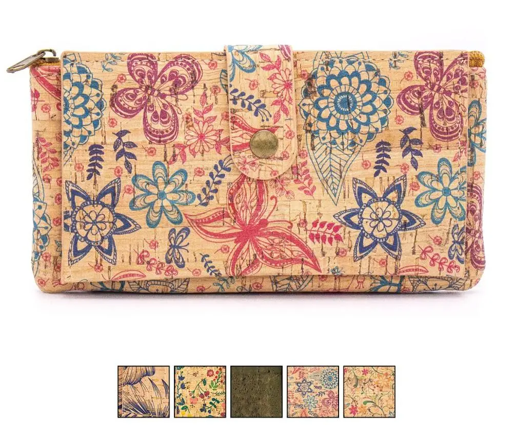 Натуральная пробковая молния Женский бумажник с отделениями для карт цветочным