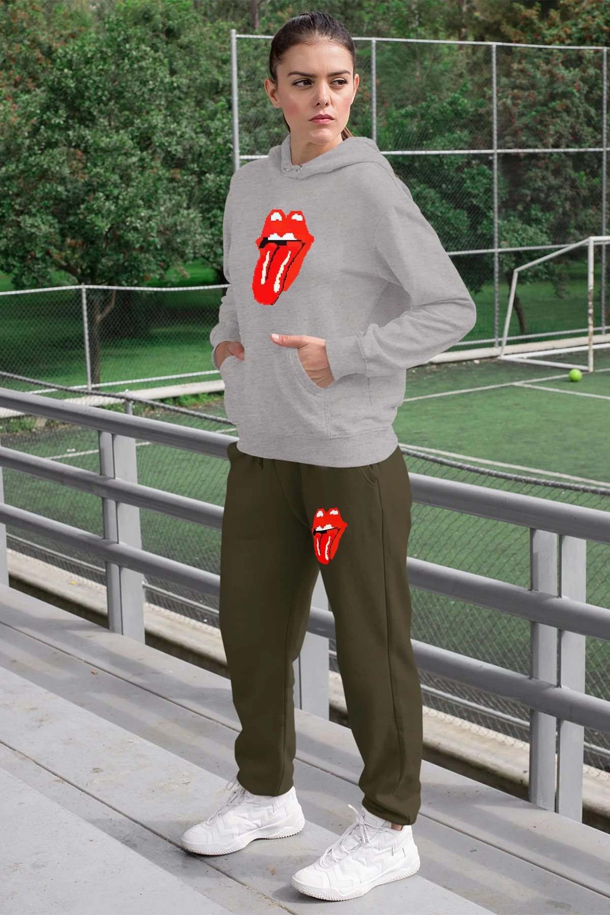 Женский спортивный костюм Angemiel серый свитшот с капюшоном зеленые спортивные