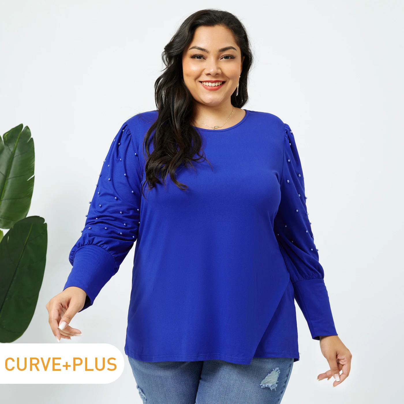

PatPat Women Plus Size Elegant Round-collar Beaded Long-sleeve Dark Blue Tee