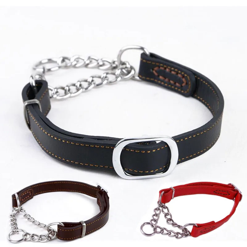 

Leather Dog Collar P Chain Slip pet Collar Training stainless steel with Metal Chain for Dogs Collar Adjustable Pet Supplies