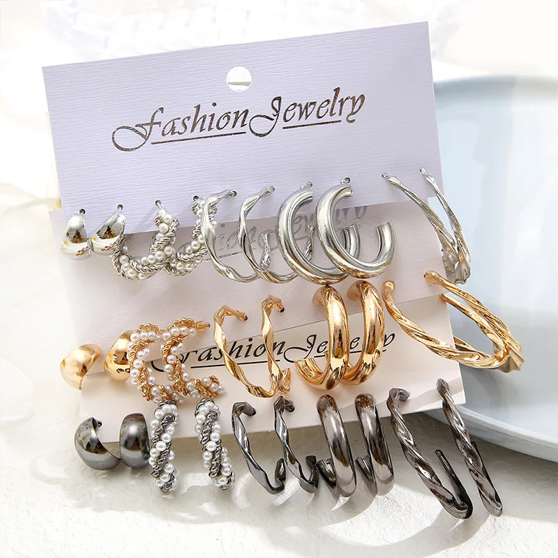 

Korean Fashion Pearl Earrings Set for Women Geometry Round Gold Piercings Hoop Earrings For Girls Party Jewelry Sets Gifts