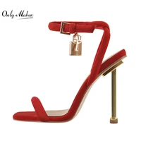 onlymaker metal high heel sandals for women flock ankle buckle square toe metal decoration large size lady sandals