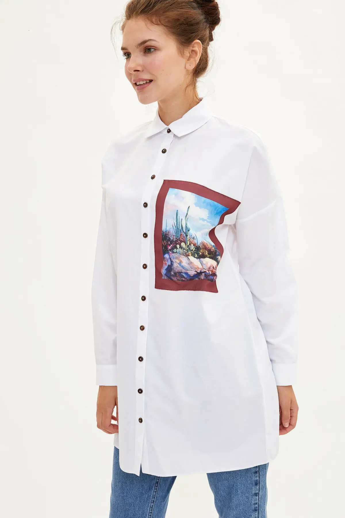 Женская длинная рубашка DeFacto Повседневная белая тканевая туника с разноцветным