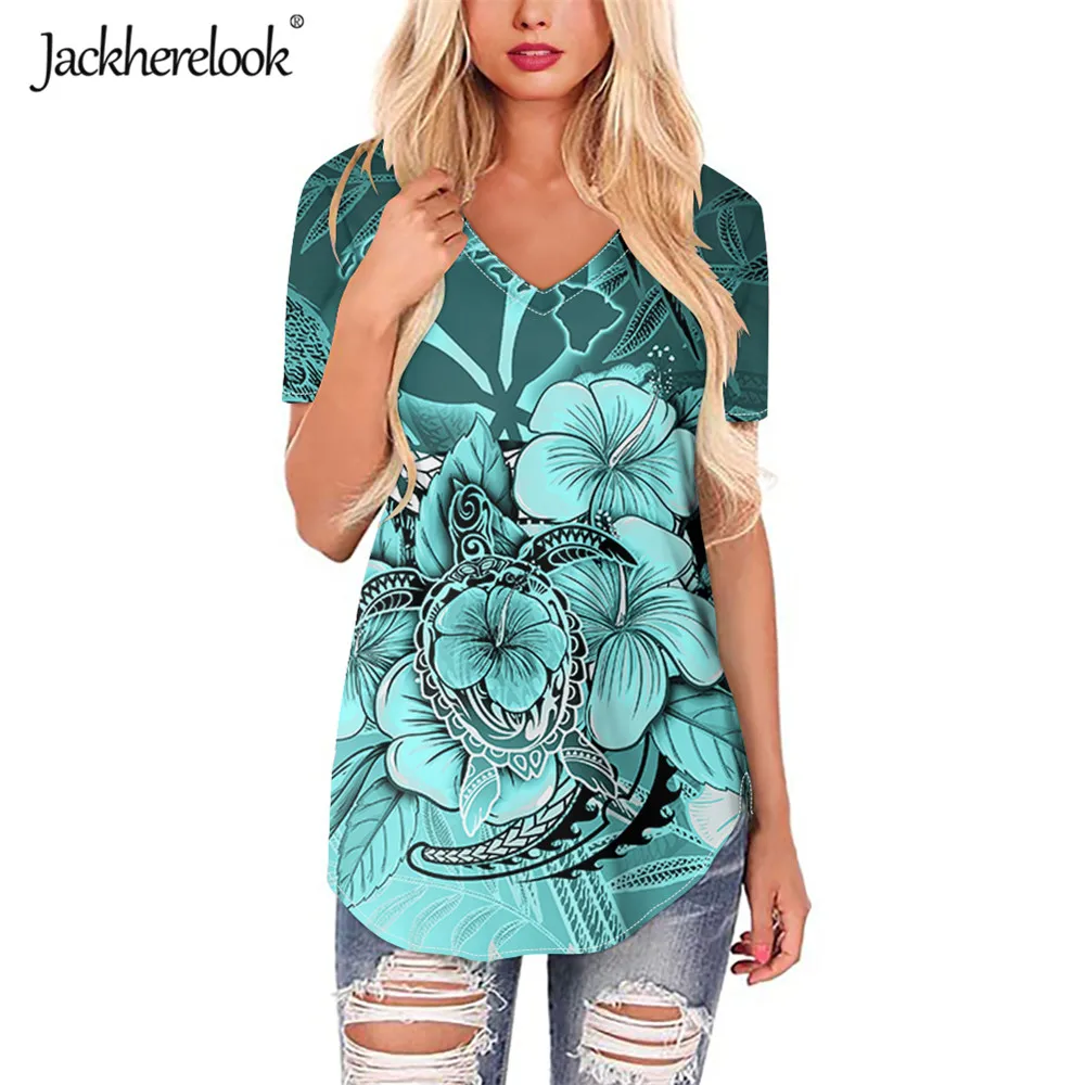 

Jackherelook Summer Women Shirts Short Sleeve Blouses Hawaii Turtle Polynesian Hibiscus Plumeria Print Ladies Plus Size Clothing