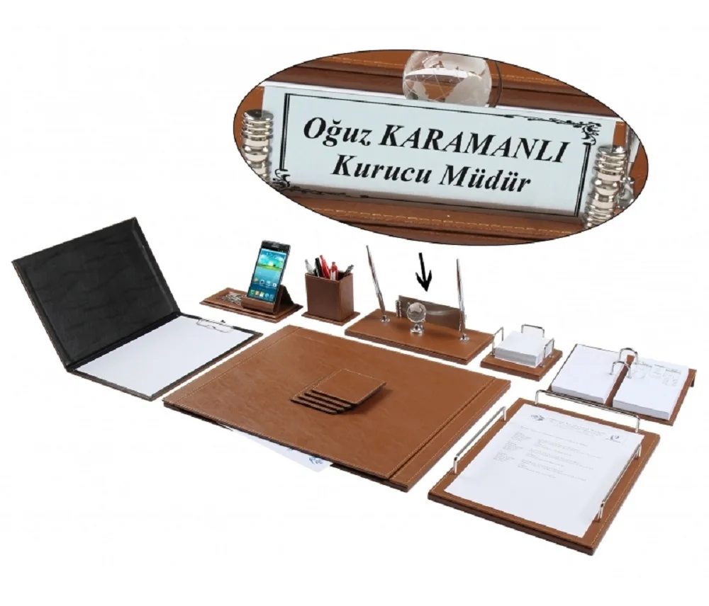NEVA 12 Piece Luxury Tan Tobacco-Coloured Leather Desk Set/Desk Pad Set with Nameplate Name Plate Tag Chief Organizer