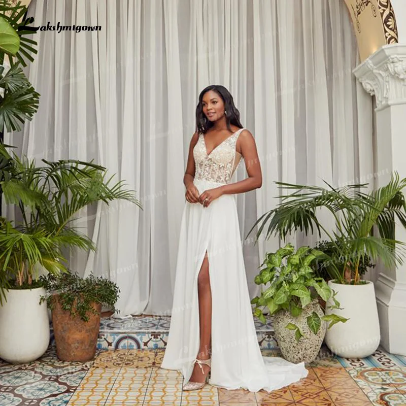 

Off The Shoulder A-Line Wedding Dresses Illusion Lace Top And Chiffon Side Split Skirt V-Neck Sleeveless Open Back Court Train