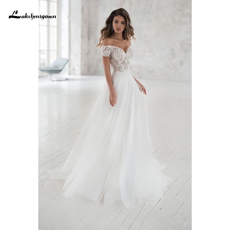 

Elegant V-neck Off the Shoulder Lace Appliques 2022 Wedding Dresses Netting A line Bride Sweep Button Floor-Length vestidos Boho
