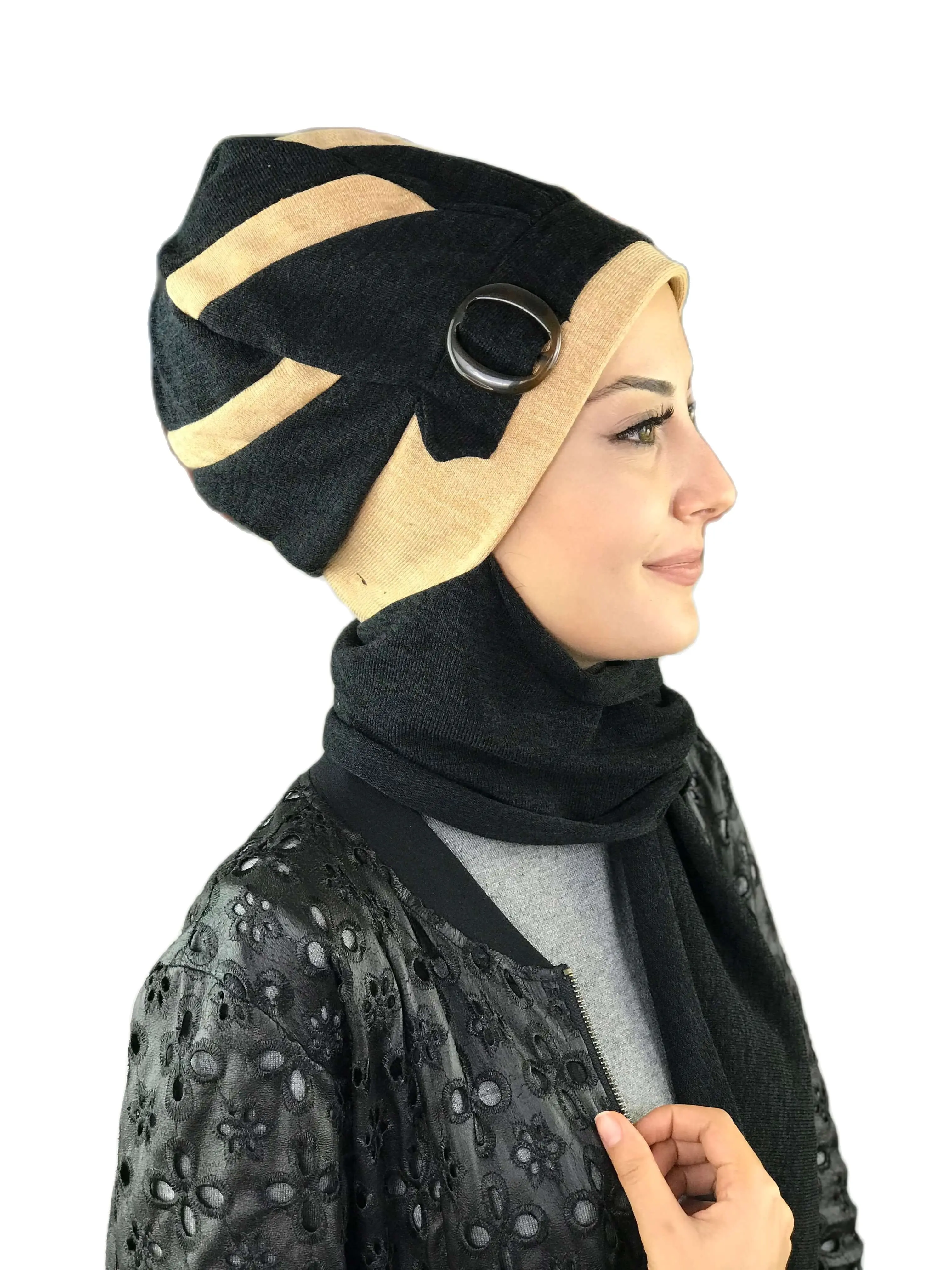2022 Hijab New Fashion Women's Ladies Bone Winter Chiffon Chemo Cancer Head Hat Shawl BlackDark Yellow Buckle Stripe Scarf Beret