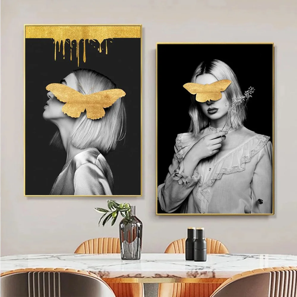 

Nordic Black and White Canvas Painting Girl and Golden Butterfly Poster and Print Picture for Living Room Wall Art Home Decor