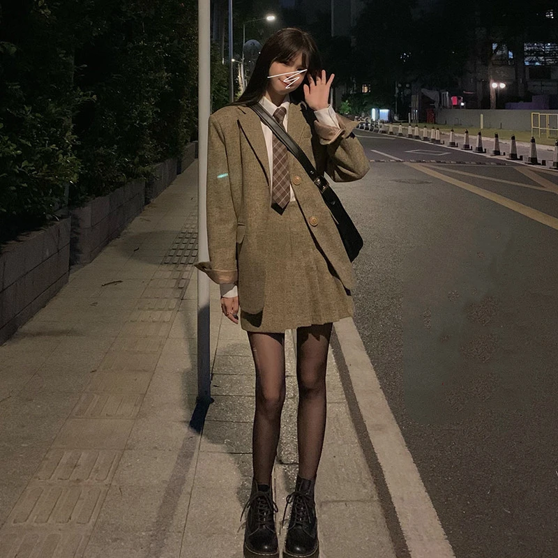 

Female Woolen Suit Women Preppy Style Set Coat Pleated A-line Short Skirt Jk Japanese Style Wear School Sister