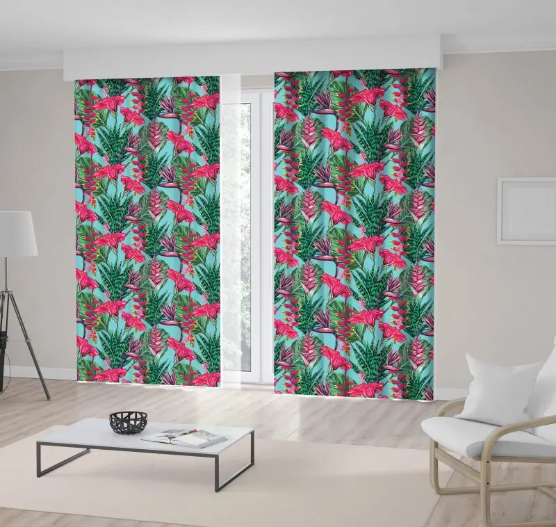 

Curtain Floral Pattern Tropical Flowers Hibiscus Palm Leaves Jungle Plants Bright Colored Pink and Green Exotic Print