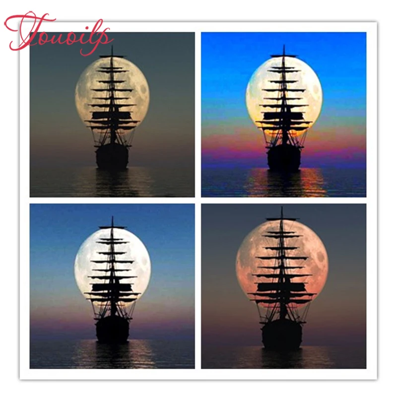 5D алмазная живопись сделай сам луна парусник вышивка крестиком мозаика картины
