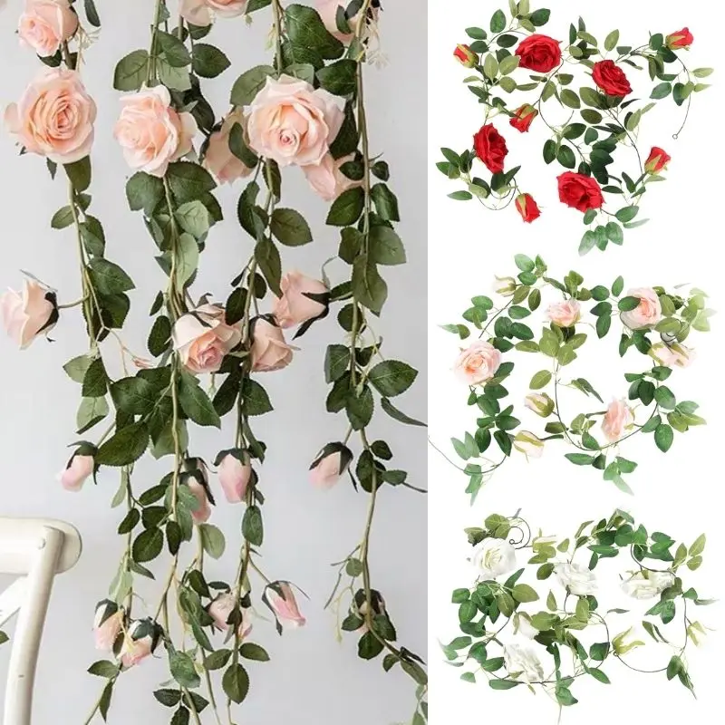 

Silk Artificial Rose Vine Hanging Flowers Rattan Fake Plants Leaves Garland for Wedding Home Garden Living Room Wall Decoration