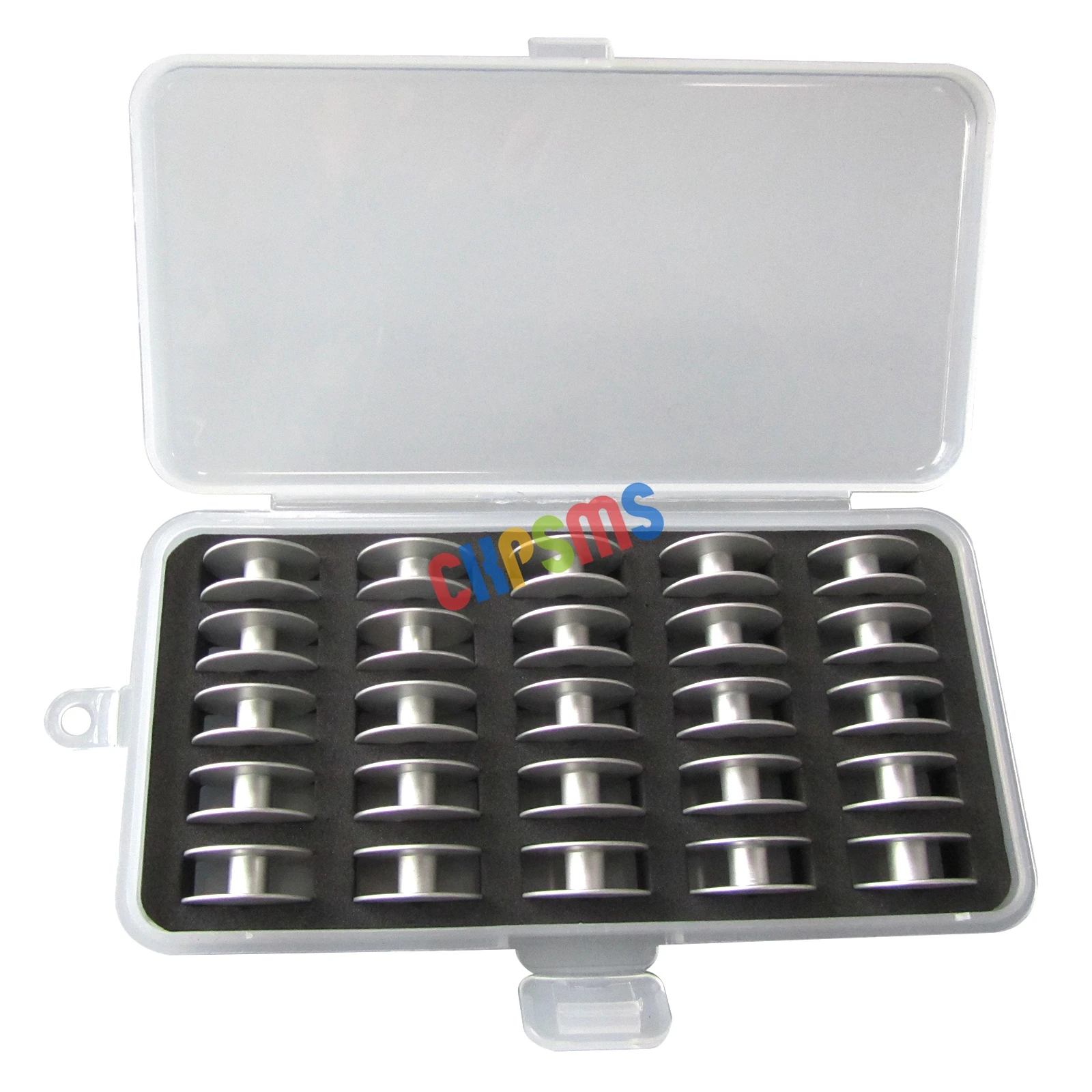 25PCS ALUMINUM "M" LARGER BOBBINS & BOX FOR GAMMILL TIN LIZZIE QUILTER SEWING
