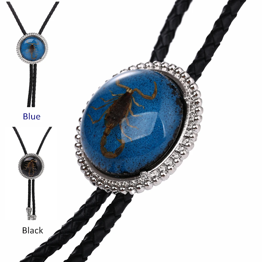 

Vintage Black/Blue Western Cowboy BOLO Tie Slide Clip Sapphire/Agate Inner Scorpion PU Leather Rope Mens Fashion Accessories