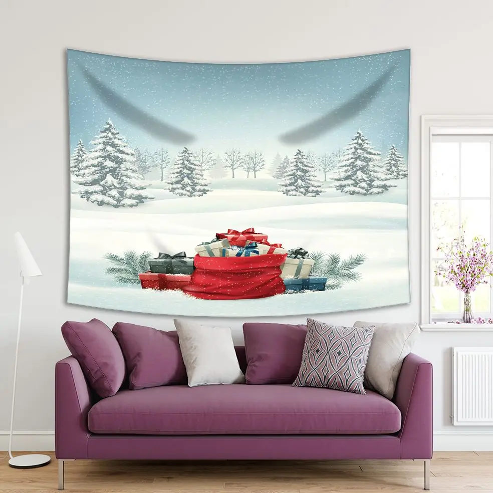 

Tapestry Snowy Fir Tree Forest Snowflakes Christmas Holiday Gift Boxes Winter Seasonal Landscape Blue White Red Art Printed