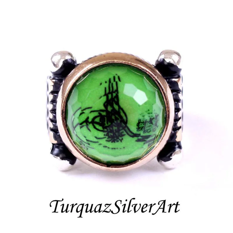 

Handmade Mans Tughra Series Zircon Green Gemstone Ring, Mans 925 Silver Ring