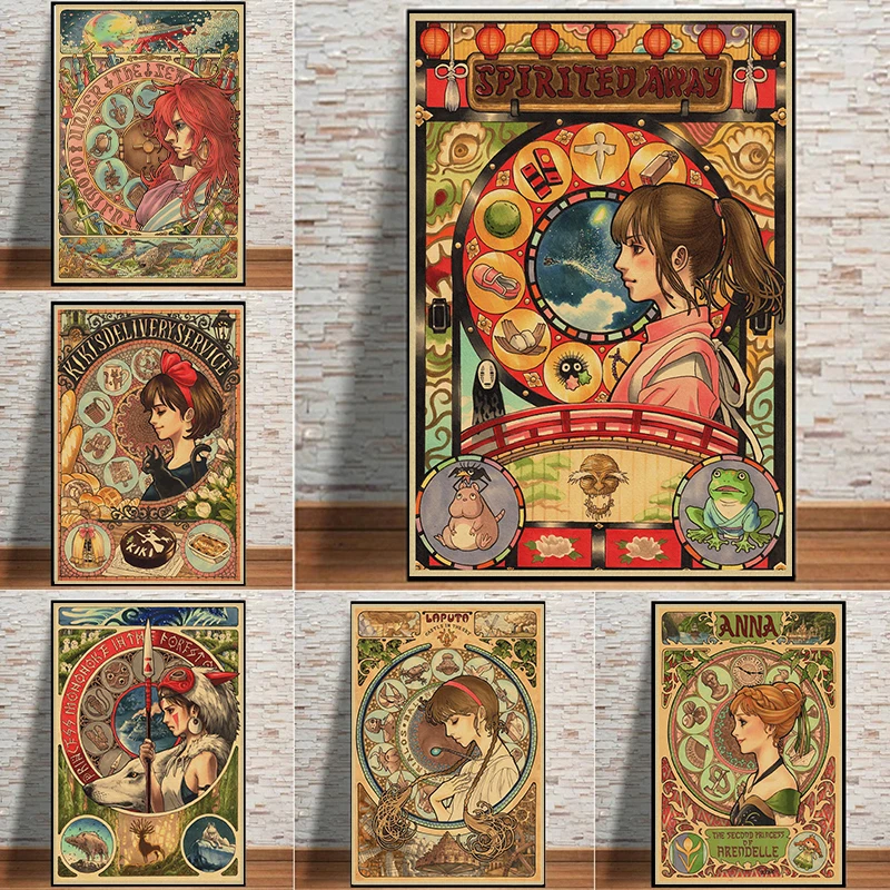 

Miyazaki Animation Movie Vintage Posters And Prints Cartoon Film Spirited Away Totoro Canvas Painting Wall Art Home Decor Mural