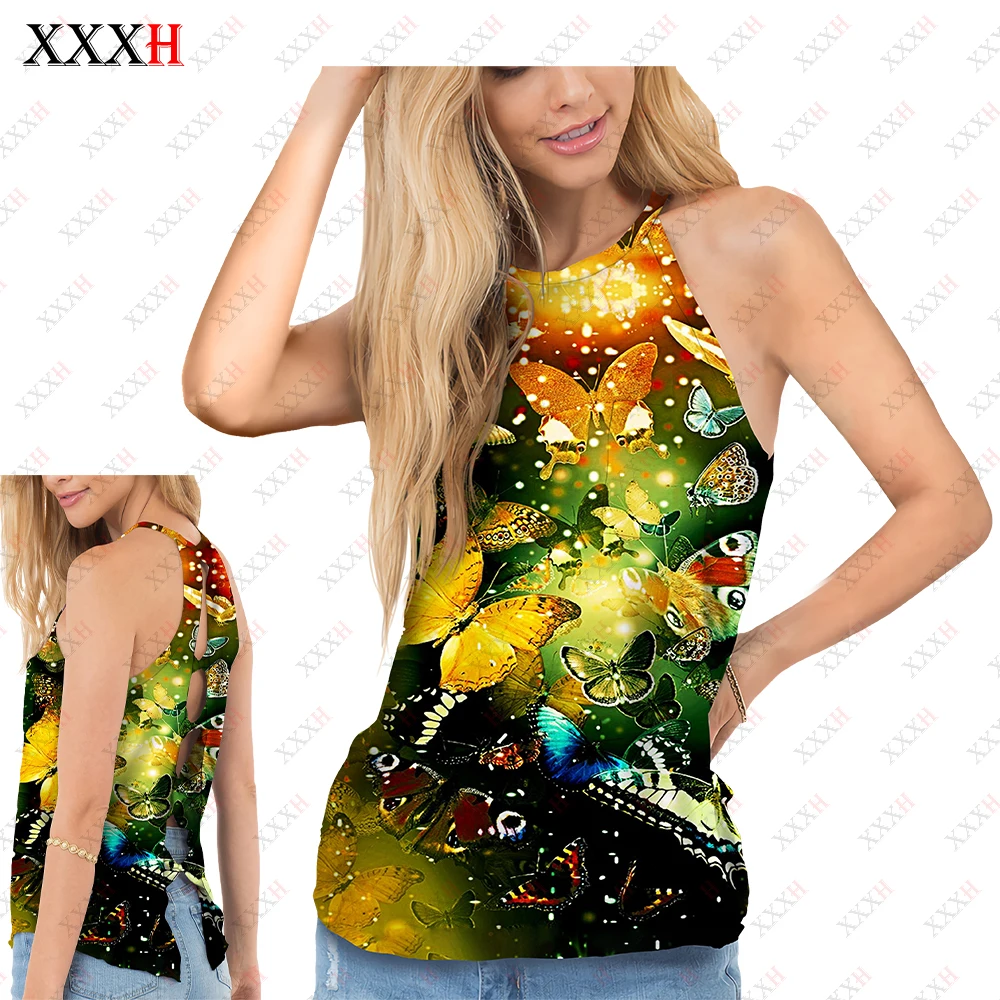 

XXXH Novelty Women 3D Printed Butterfly Camisole Bow Vests Casual Fashion Sleeveless Vest Y2k Streetwear