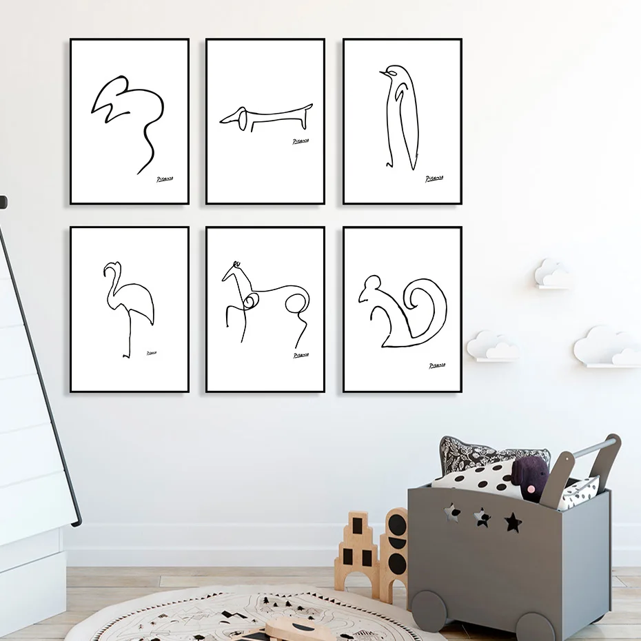 Abstract Line Art Animals Sketches Nursery Decor Canvas Painting Minimalist Black and White Wall Poster Print Picture Home | Дом и сад