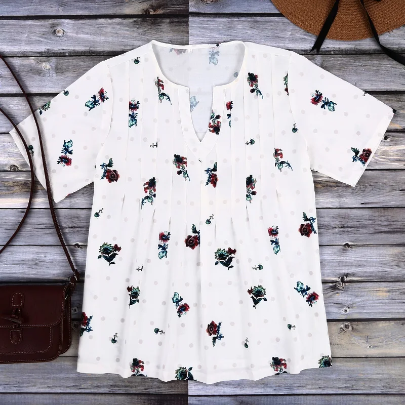 Женская Блузка С Цветочным V-образным Вырезом Коротким Рукавом Плюс Размер 2019