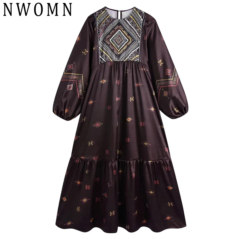 

NWOMN Woman Dresses Za 2021 Ruffle Long Dress Brown Print Dress Women Oversize Puff Sleeve Vintage Midi Elegant Casual Dresses