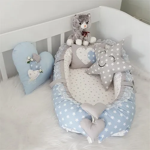 Jaju Baby Handmade Blue Starry Pattern Design Luxury Orthopedic Babynest 4 Pieces Set Mother Side Portable Baby Bed Bedding Set