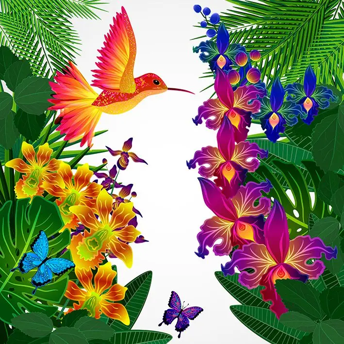 

Curtain Tropical Forest with Flowers Leaves Plants Birds and Butterflies Colorful Artwork Green Yellow Purple